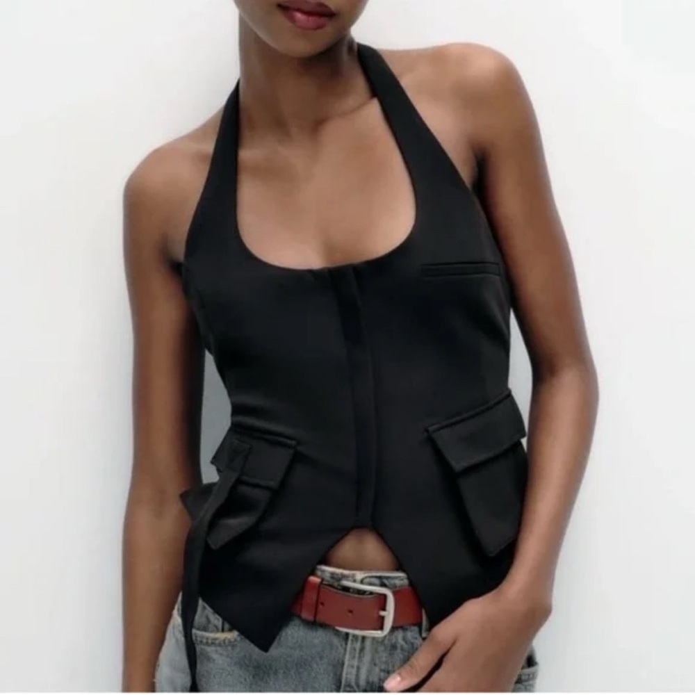 ZARA WOMEN'S BLACK POCKET HALTER TOP SLEEVELESS ZIPPER Sz S